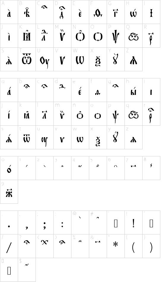 Evangelie Ucs font character map