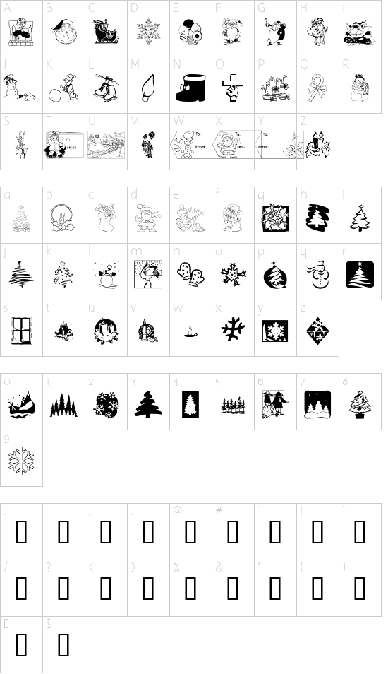 KR Christmas 2001 font character map