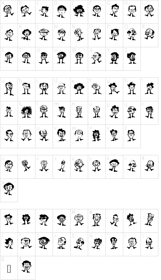 HeadfeetersPartialDisturbed font character map