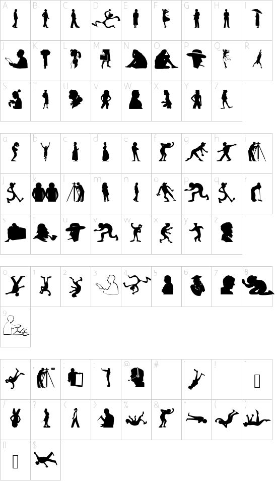 SilhouFaces font character map
