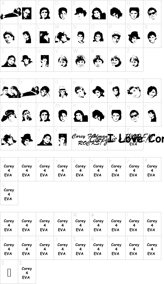 We Love Corey font character map
