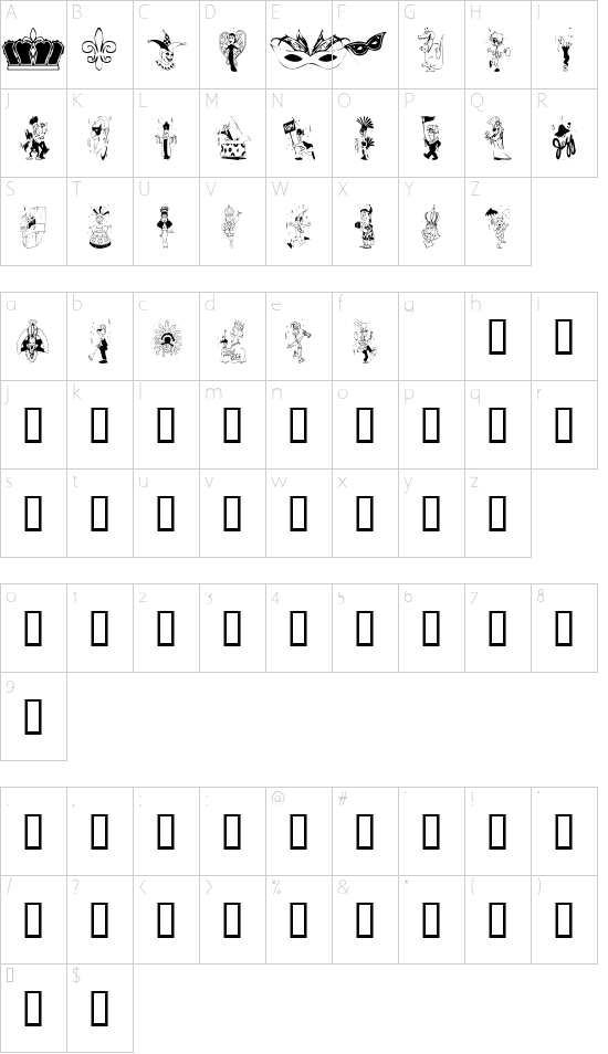 KR Mardi Gras font character map