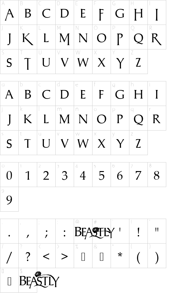 BEASTLY font character map