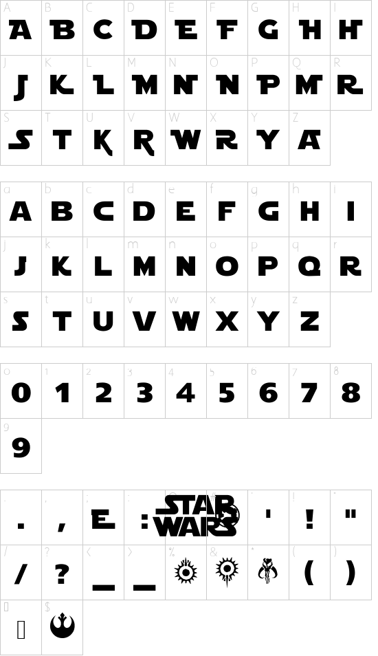 Star Jedi Rounded font character map