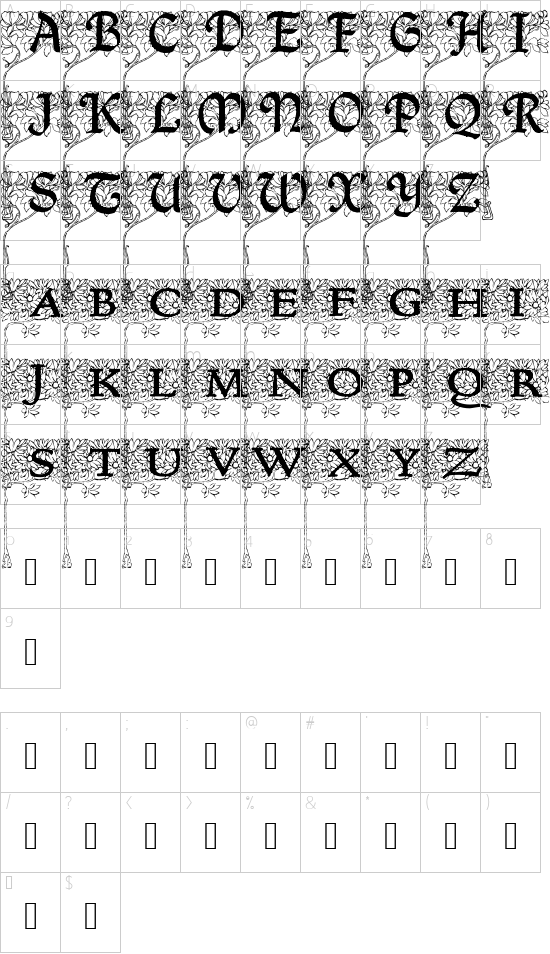 Arborial_Initials font character map