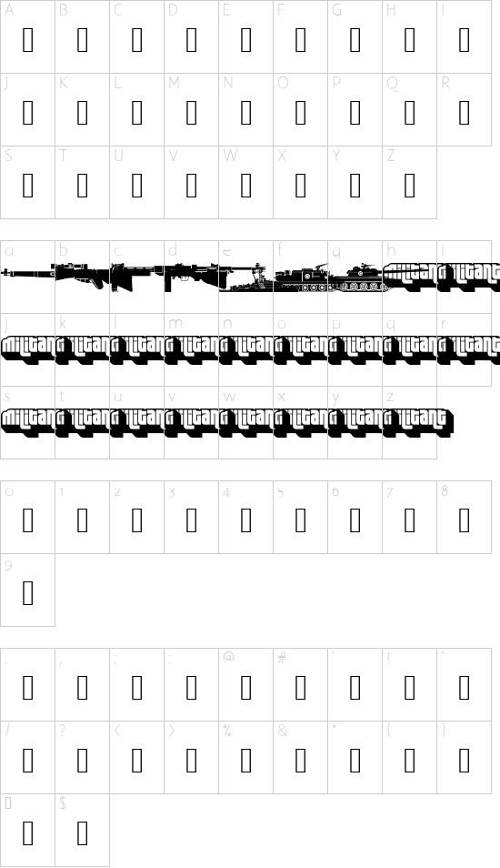 Military dingbats [demo]    Fenotype font character map