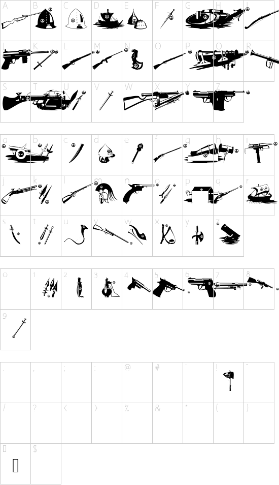PeaceWeapons font character map