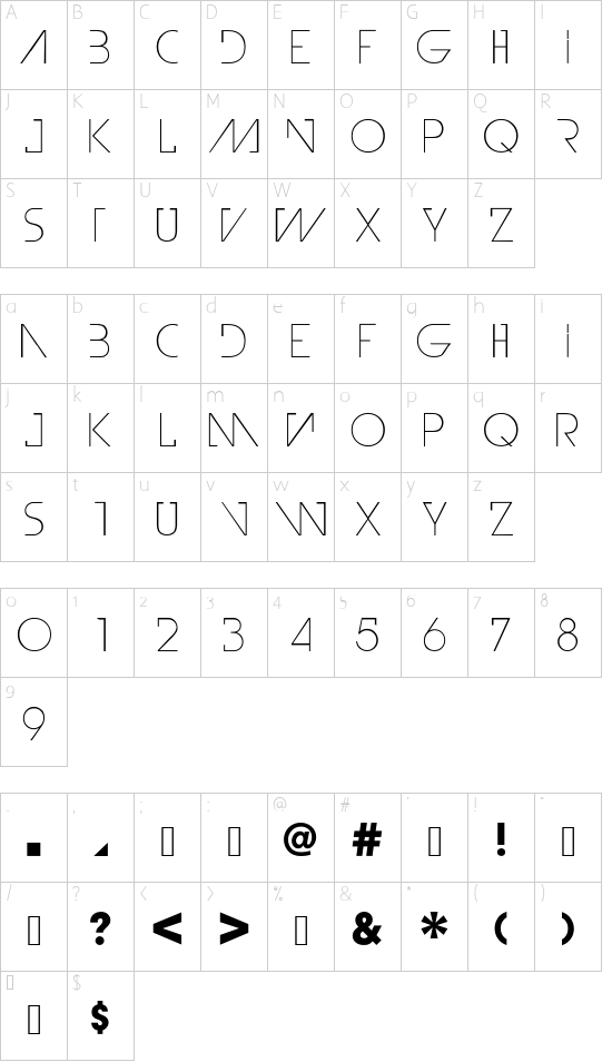 IllegalCurvesLight font character map