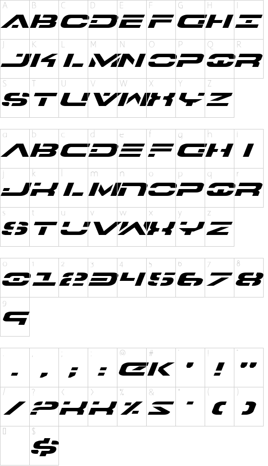 7th Service Expanded Italic font character map