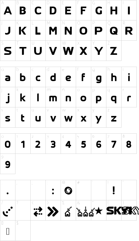 SKYfontThick font character map