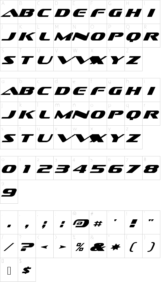 Sofachrome Italic font character map