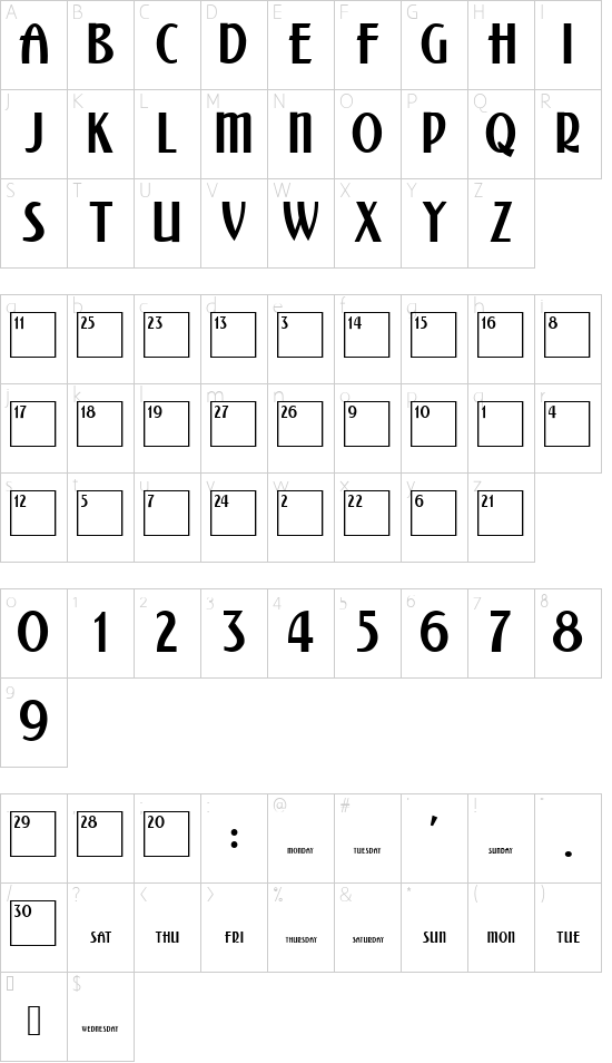 Calendar Normal font character map