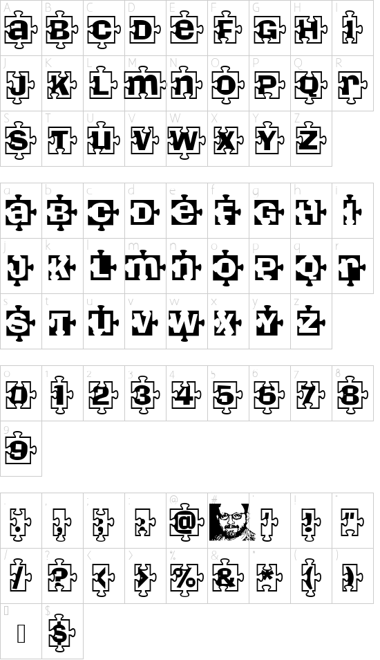 PiecesBW font character map