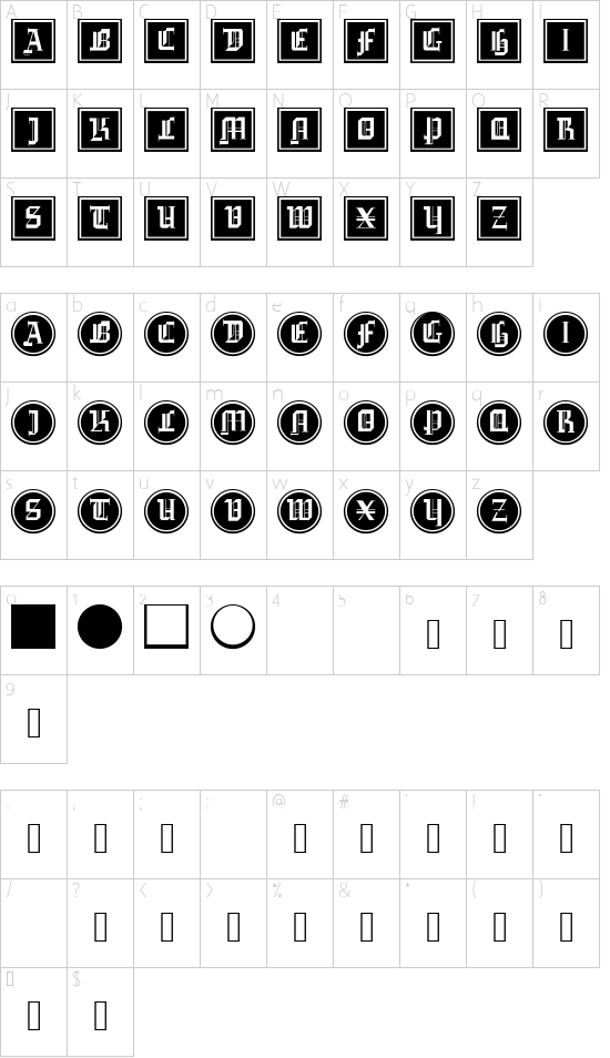 GotikaButtonsDrei font character map