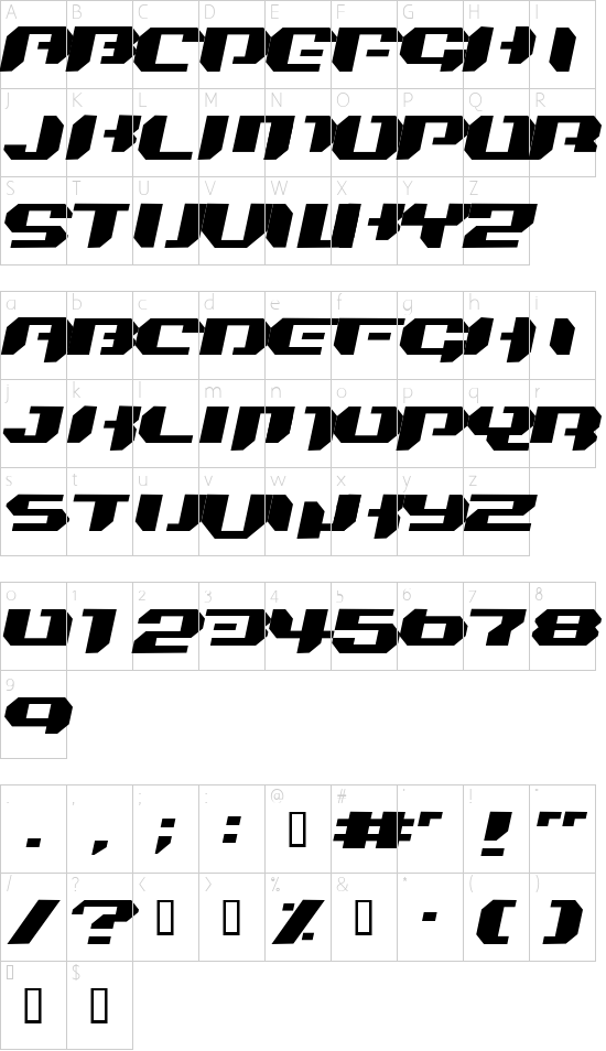 Bionic Kid Simple Slanted font character map