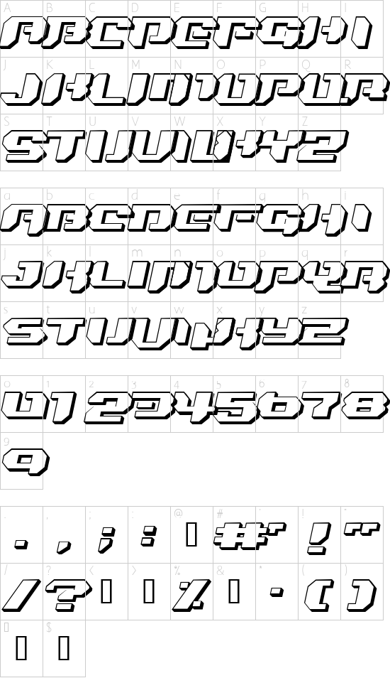 Bionic Kid Slanted 3d font character map