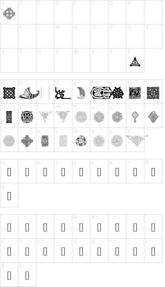 101! Celtic DeZignZ font character map