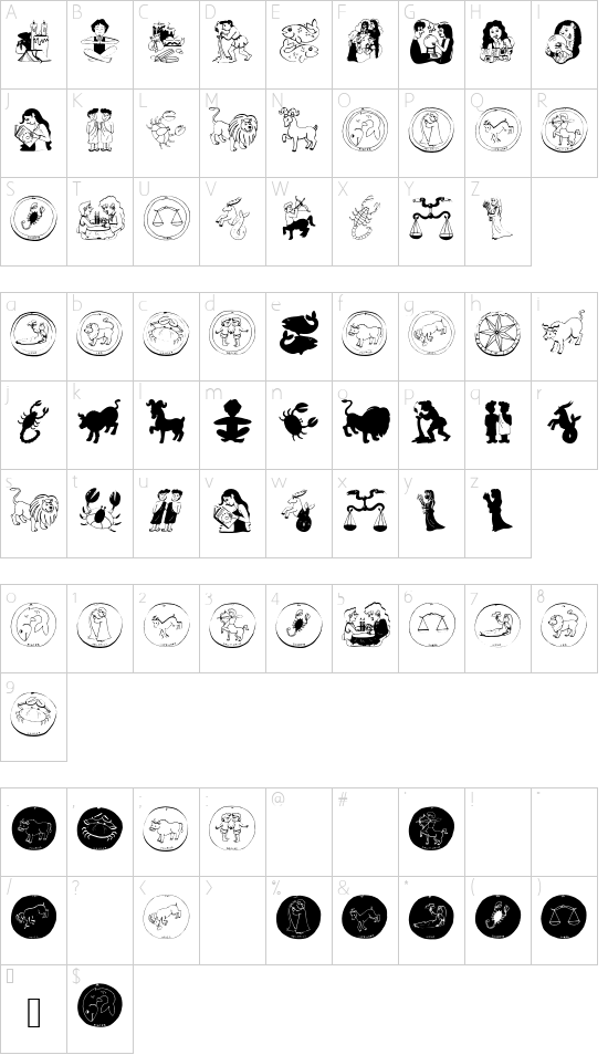 HorosCopies font character map
