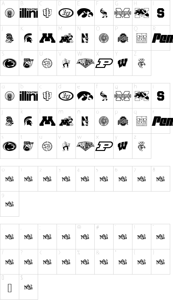 Big Ten Mania font character map