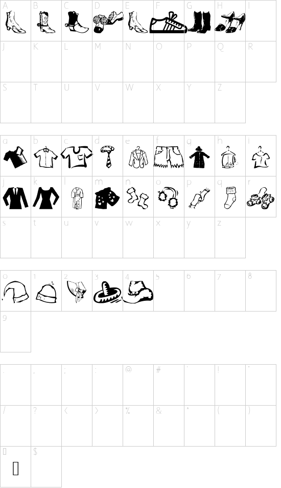 AEZ clothes font character map