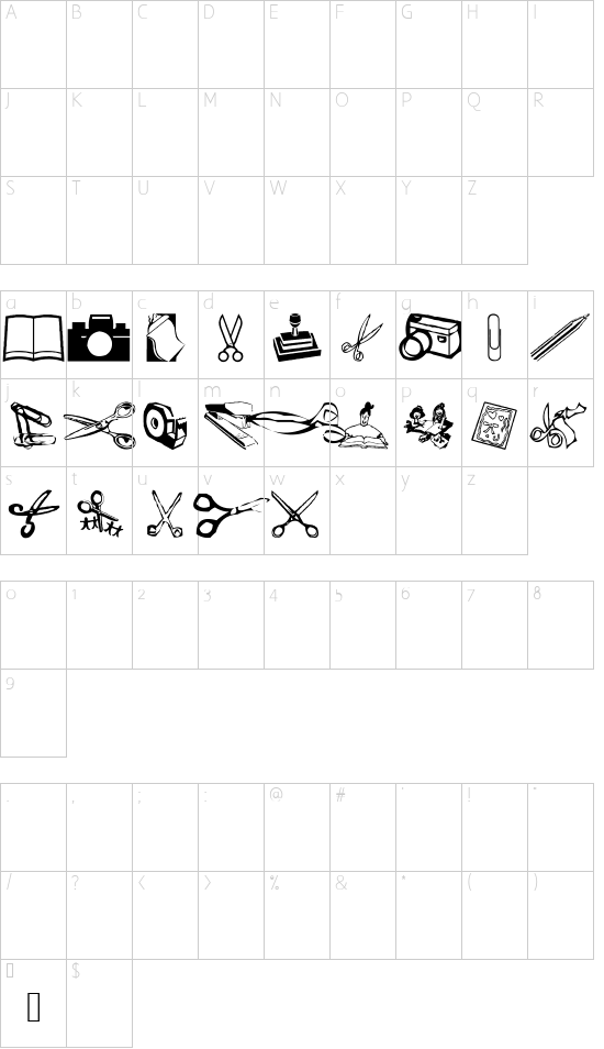 AEZ scrapbooking dings font character map