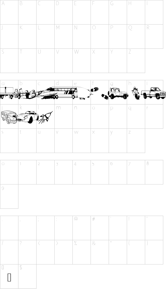 AEZ Transportation 2005 font character map