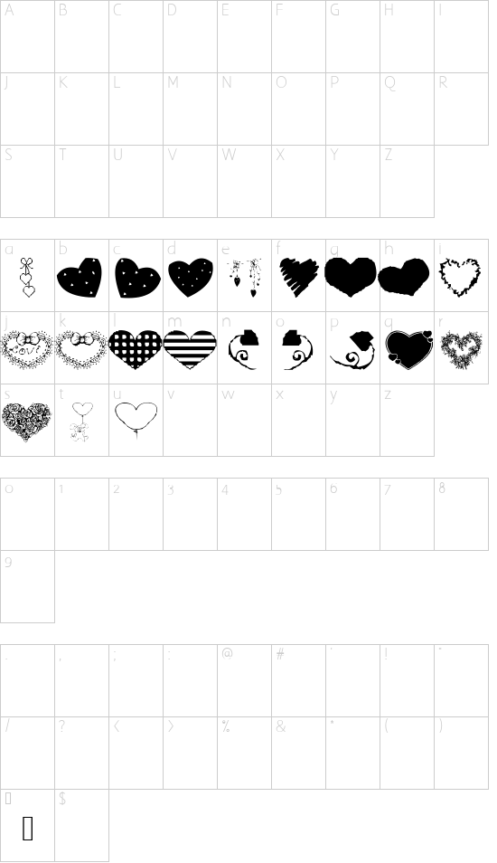 AEZ executive hearts font character map