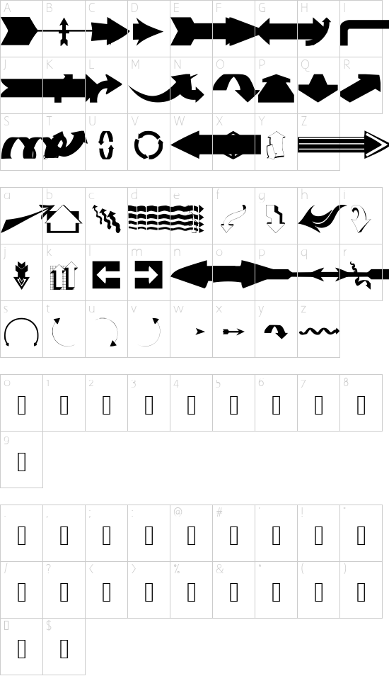 Arrows#1 font character map
