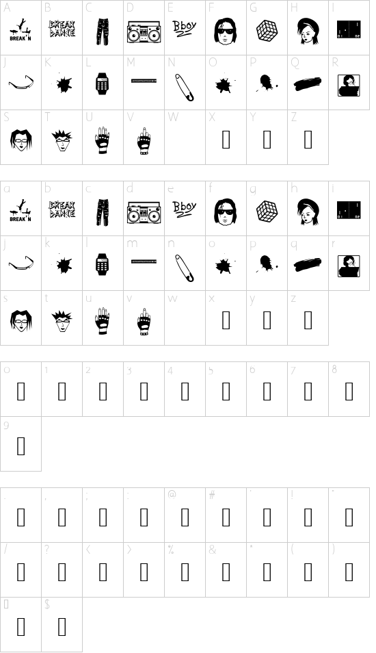 Awesome 80s font character map