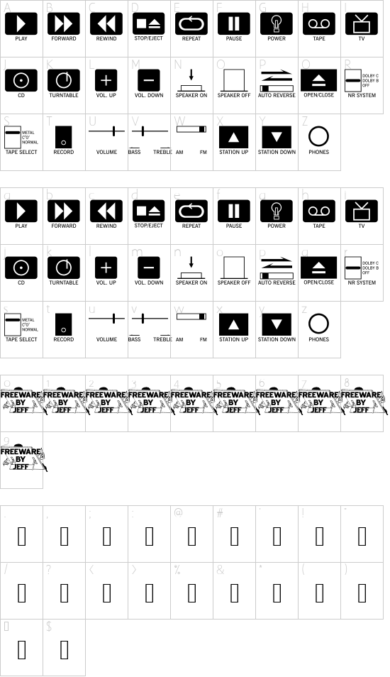 Buttons and Switches JL font character map