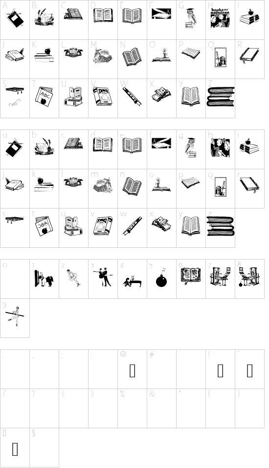 BooksBats font character map