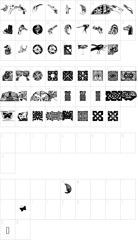 CelticOrnamBats font character map