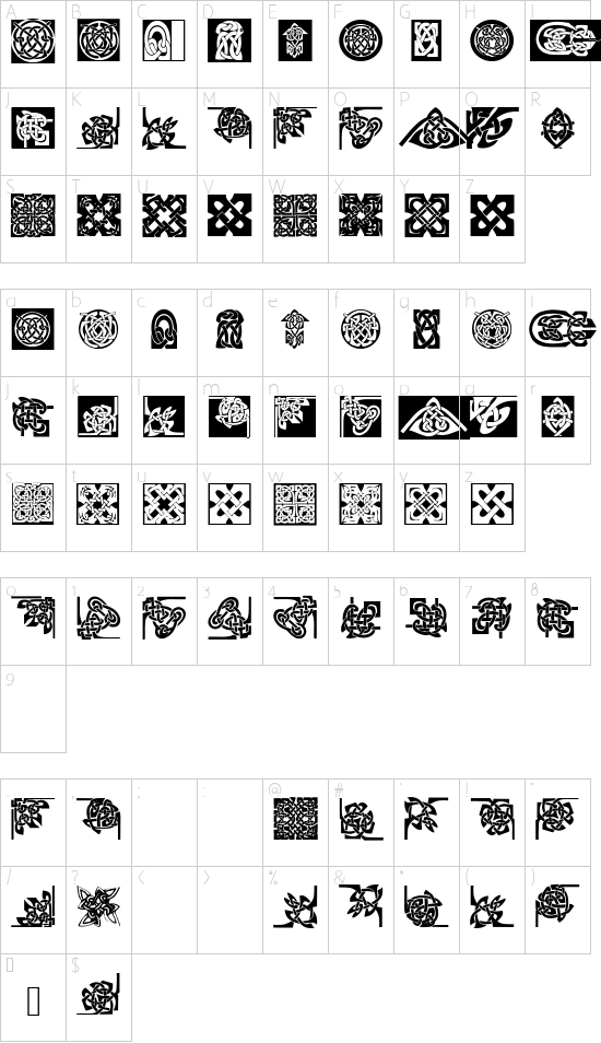 CeltishParts font character map
