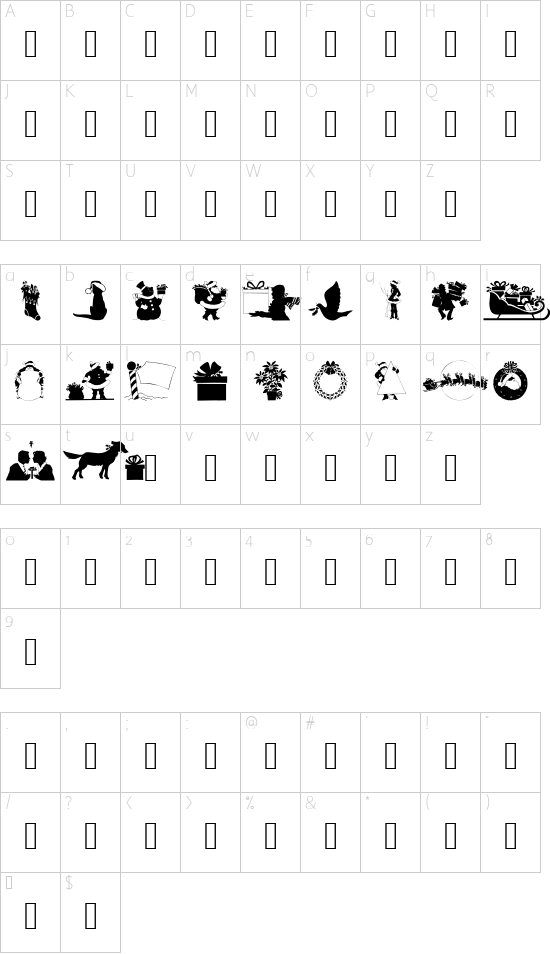GE Christmas Silhouettes font character map