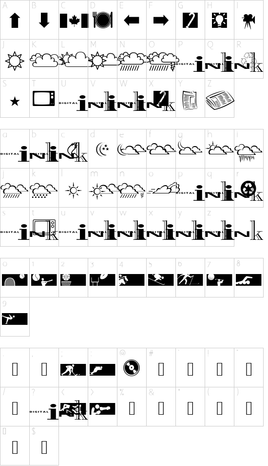 InkFontDingbats font character map