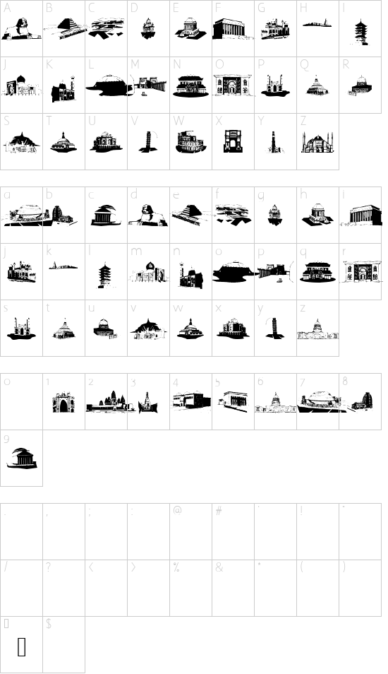 InternationalSigns font character map