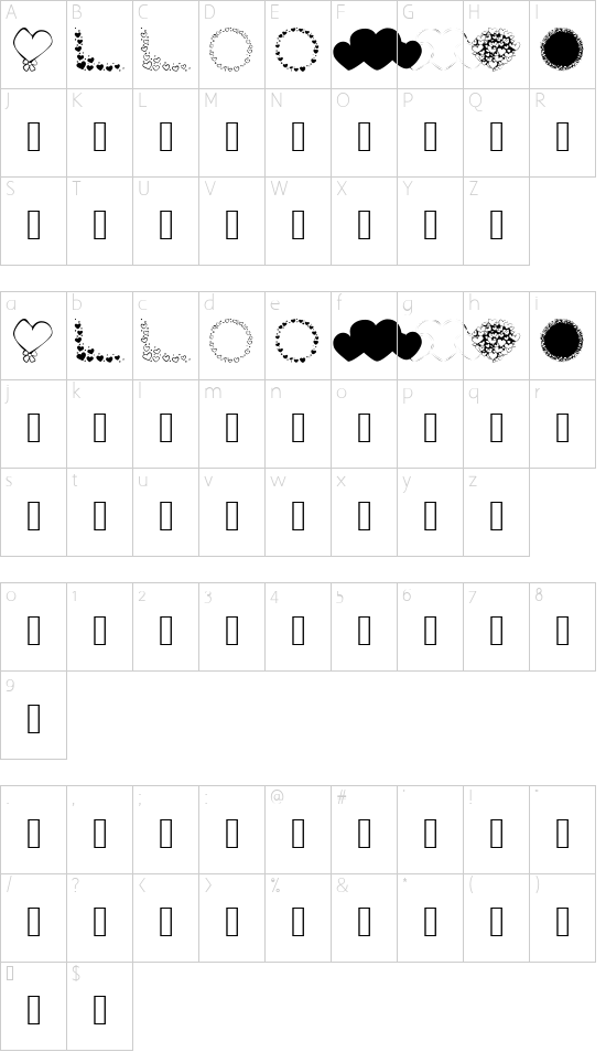 KR Hearts Galore font character map