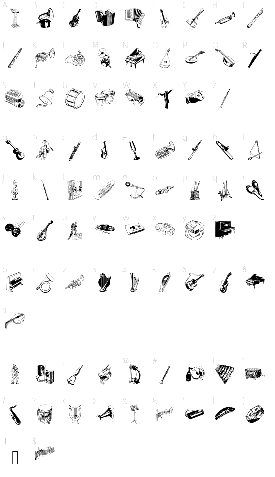 MusicMuseal font character map