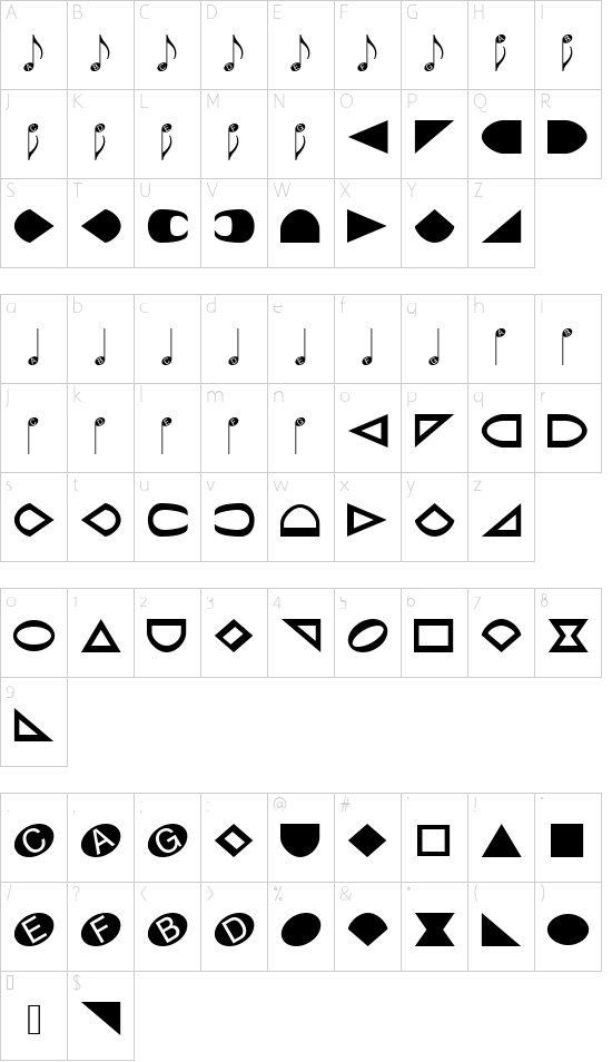 NoteHedz font character map