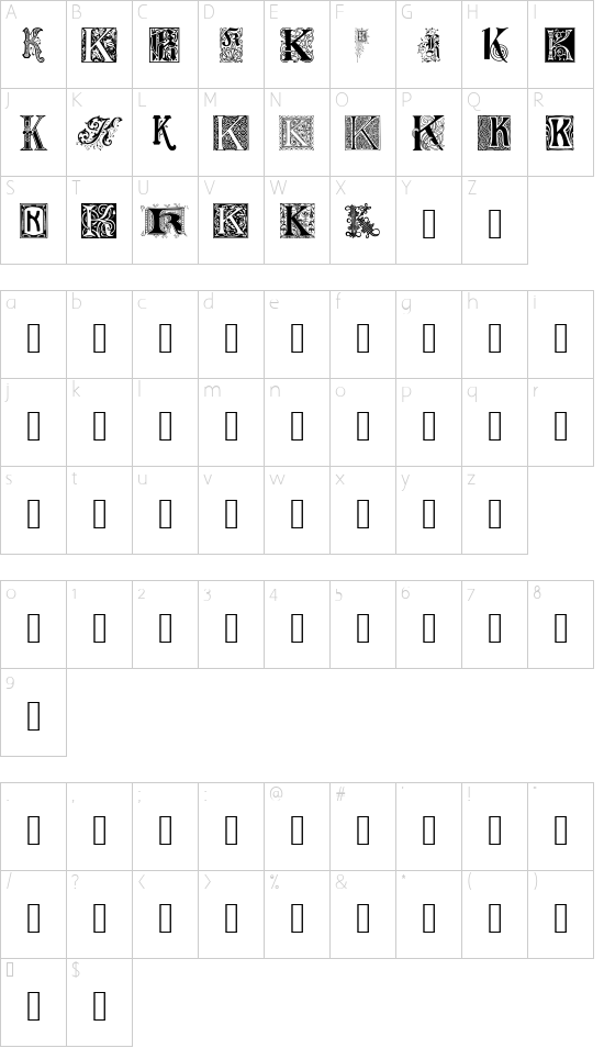 Ornamental Initials K font character map