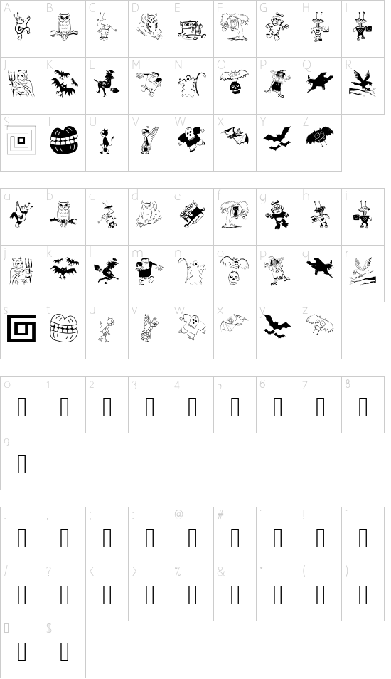 OwlsNOtherWitches font character map