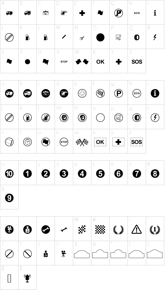 RallySymbols font character map