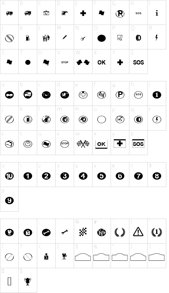 RallySymbols2DSigns font character map