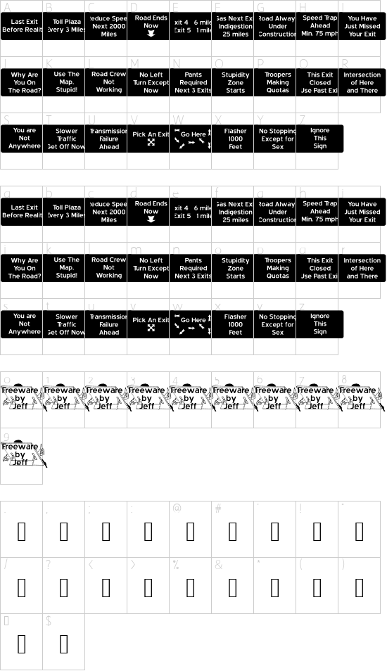 Road To Nowhere JL font character map