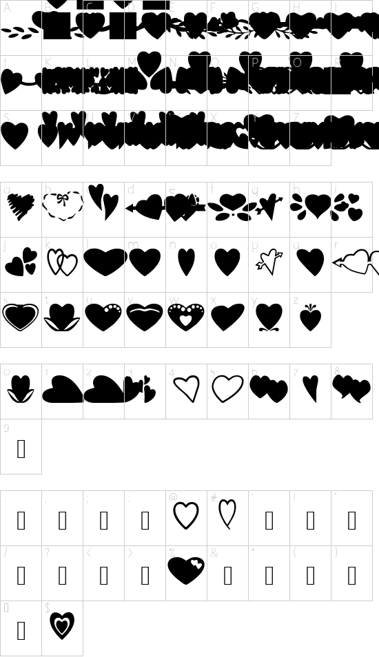 SC Hearts font character map