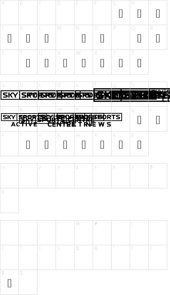SKYfontsport font character map
