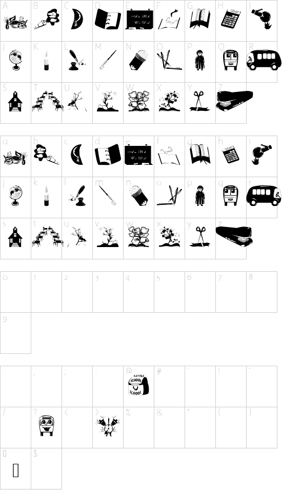 Schoolish font character map
