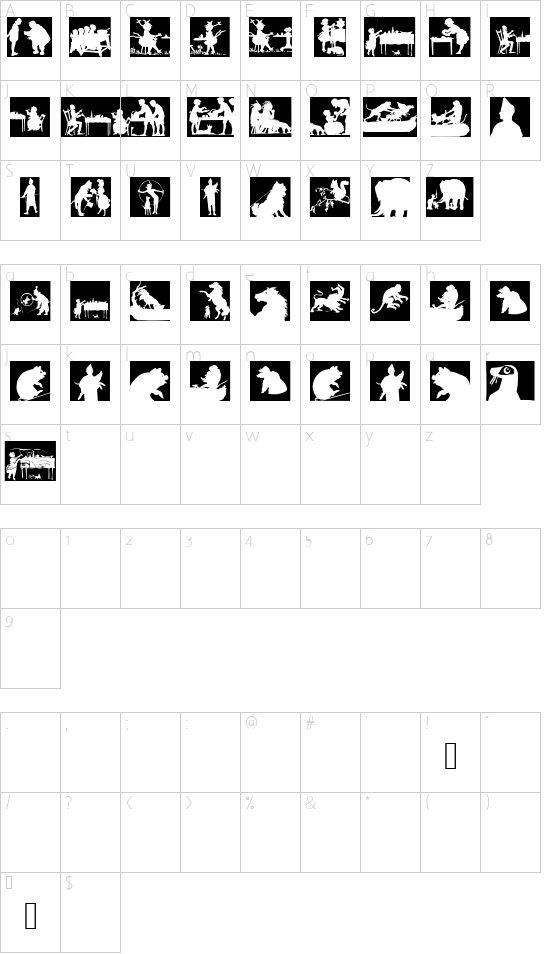 SilhouetteSquaresInvers font character map