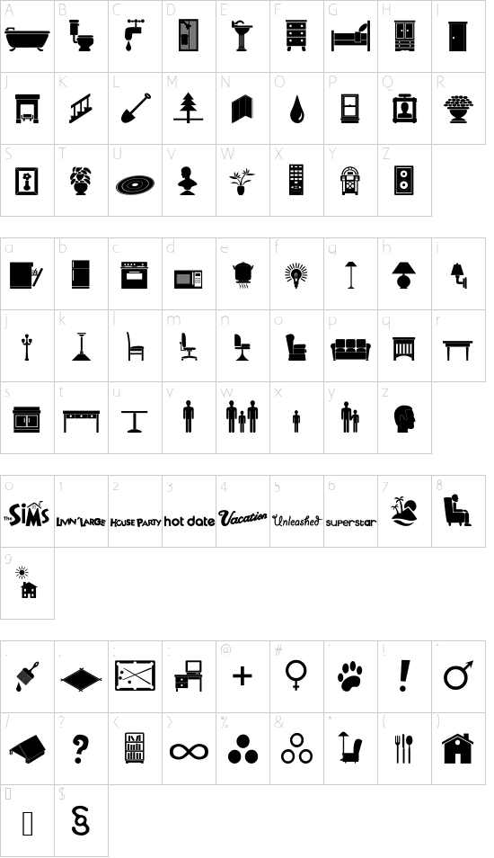 Simbats font character map