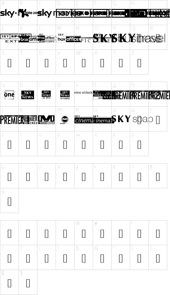 Sky 1998 Channel Logos font character map